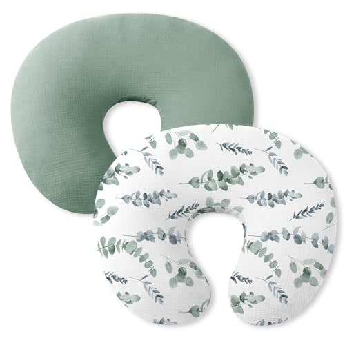 Little Grape Land Nursing Pillow Covers 2 Pack for Baby, Soft 100% Cotton Covers for Breastfeeding Pillows, Breathable Muslin Green Leaves Nursing Pillow Cases Fit Standard Nursing Pillows