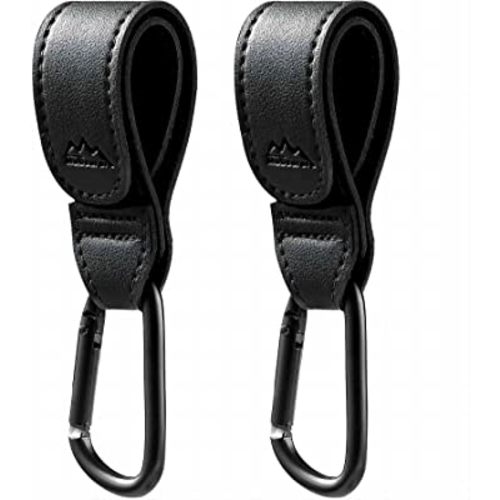 MoBearer Baby Stroller Hooks Bag Hooks for Hanging Diaper Bags Multipurpose Hooks for Grocery Shopping Bags Premium Vegan Leather Pram Straps 2 Pcs (Black)