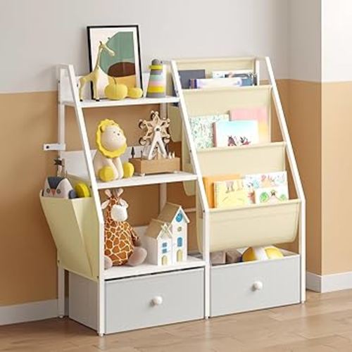 3 Tier Kids Bookshelf and Toy Storage, Kids Book Sling Shelf, Montessori Baby Toddler Bookshelf for Kids, Kids Bookcase, Toy Storage Organizer, for Playroom, Bedroom, Nursery