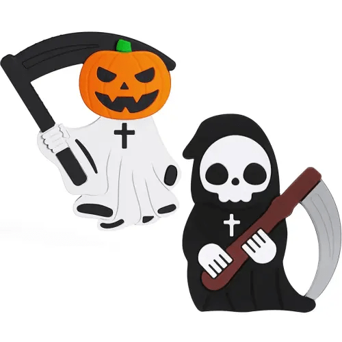 Halloween Baby Teething Toys 2Pack–Pumpkin Ghost & Grim Reaper Silicone Teethers for Newborns, Infants & Toddlers–Sensory Chew Toys for Teething Relief–Perfect Baby’s First Halloween Basket Stuffers