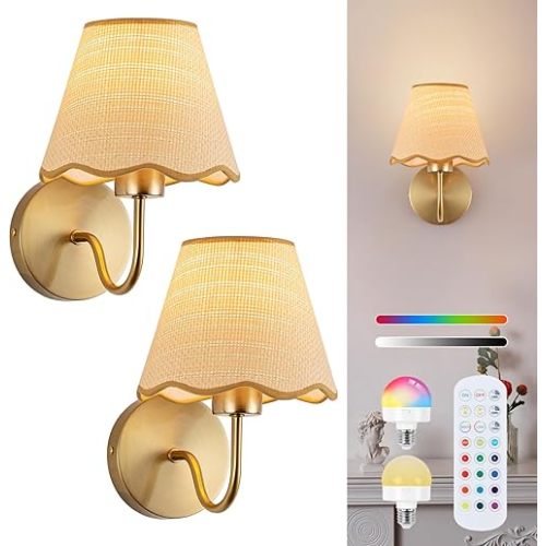 ADISUN Battery Operated Wall Sconce Set of 2, Gold Wall Lamps Rechargeable Bulbs for Living Room, Rattan Shade Wireless Wall Lights for Bedroom Living Room Hallway Kitchen(2 Bulbs Included)