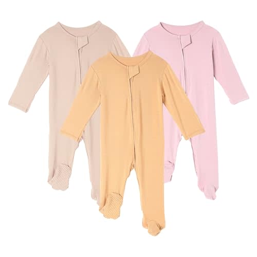 DEFAHN 3Pcs Viscose from Bamboo Baby Footless Pajamas with Mittens Double Zipper Jumpsuit Long Sleeve Jumpsuit 0-24Month