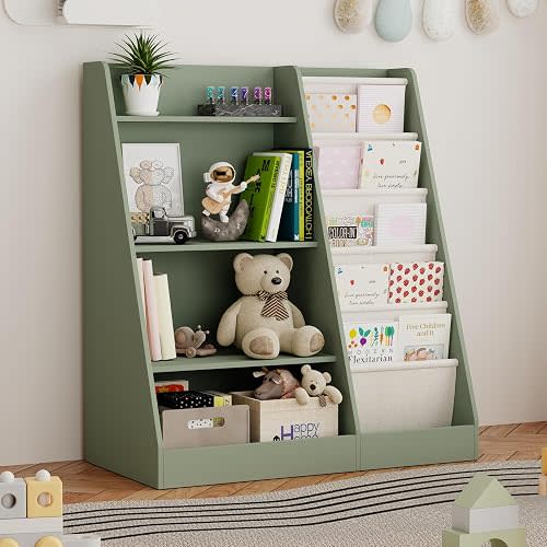 2-IN-1 Kids Bookshelf and Toy Storage Organizer for Baby and Toddle, Green