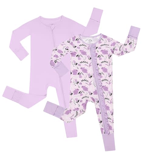 JunNeng 2Pcs Baby Girl Viscose from Bamboo Sleeper with Mitten Cuffs, 2 Way Zipper Romper, Sleep N' Play Pjs 0-18 Months