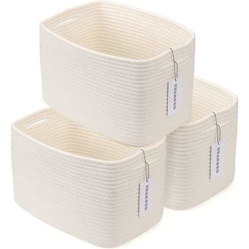 Cotton Rope storage Basket Bins Woven Basket for Organizing Shelves Rectangle Decorative Baskets For storage Clothes Toys Books Towels Square Wicker Nursery basket organizer 3 pack white