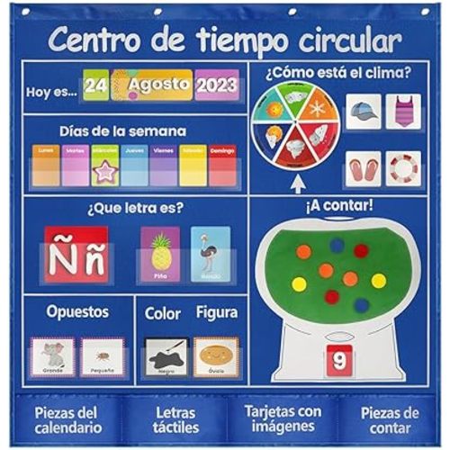Spanish Circle Time Center Pocket Chart, Calendar Weather Activities Learning Center for Classroom, Colors/Shapes/Opposites/Counting for Classroom Homeschooling Educational Supplies