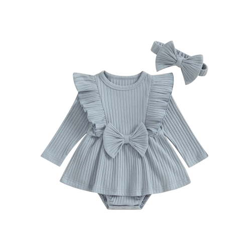 Lieserram Newborn Baby Girl Romper Dresses, 0 3 6 9 12 18 Months Long Sleeve Solid Color Crew Neck Bow A-line Skirt Bodysuit with Headband Clothes
