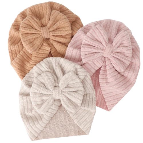 DRESHOW BQUBO 3 Pieces Newborn Baby Turban Hats Bow Baby Infant Beanie Breathable Toddler Cap for Baby Girls
