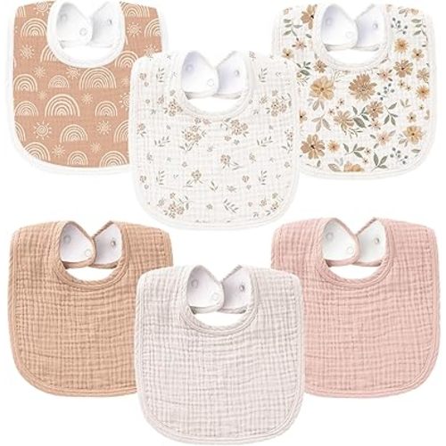 Konssy 6-Pack Muslin Baby Bibs for Boys & Girls, Soft Cotton Absorbent Bandana Drool Bibs for Drooling & Teething