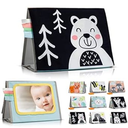 Soft Tummy Time Book with Large Stimulating Baby Safe Mirror - Fun High Contrast Montessori Toy w/ Mirror, Crinkle Paper & Silicone Teether - The Perfect Toy For Safe Early Newborn/Infant Development