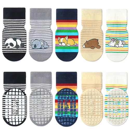 FedMois 5 Pairs Baby Little Kids Anti-slip Socks Cotton non skid Ankle Socks Animals
