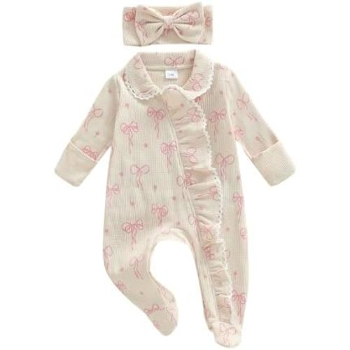 allshope Newborn Baby Girl Fall Outfit Romper Footies Waffle Bow Zip Up Footed Jumpsuit Ruffle Trim Onesie Infant Clothes