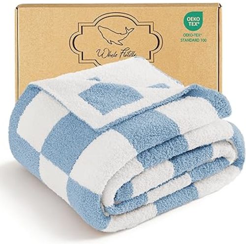 Whale Flotilla Checkered Knit Blanket Twin Size, Ultra Soft Warm Reversible Cozy Decorative Blankets for Couch Sofa and Bed, 60x80 Inch, Light Blue