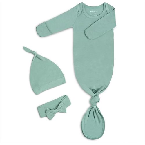 Newborn Baby Knotted Gown, Super Soft Silky Infant Sleeper, Baby Girl Sleep Gown with Mittens, Bow, and Hat Set - Grey Green - 0-3 Months