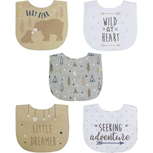 Neat Solutions 5 Pack Aspirational Bib Set with Mixed Fabrics & Water Resistant Inner Core - Boy, Grey Oatmeal While