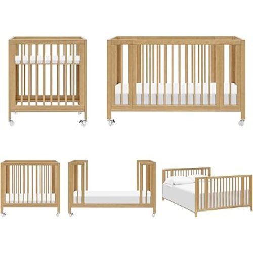 babyletto Rolli 9-in-1 Convertible Baby Crib w/Wheels - Includes Pad & Conversion Kits for Bassinet, Standard Crib, Toddler Bed, Daybed & Junior Bed - GREENGUARD Gold - 3 Adjustable Heights - Honey