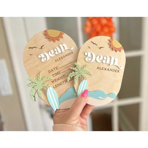 Surfer Baby Stat Sign, Surf Baby Name Announcement, Beach baby shower,Fresh 48 Name Plaque,Hi My Name Is,Newborn Photo Prop,