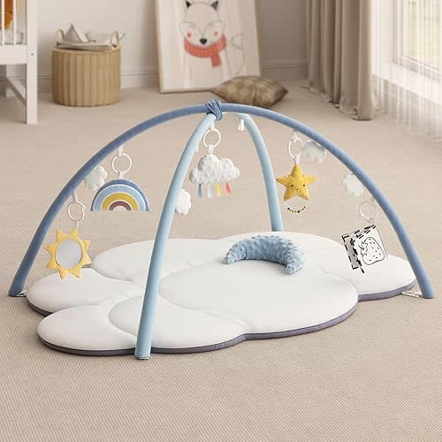 Baby Play Gym, Tummy Time Mat, Oversize Cloud Shaped Baby Activity Mat with 5 Detachable Toys, Promote Motor Skills & Sensory, Newborn Infant Baby Essentials Gift
