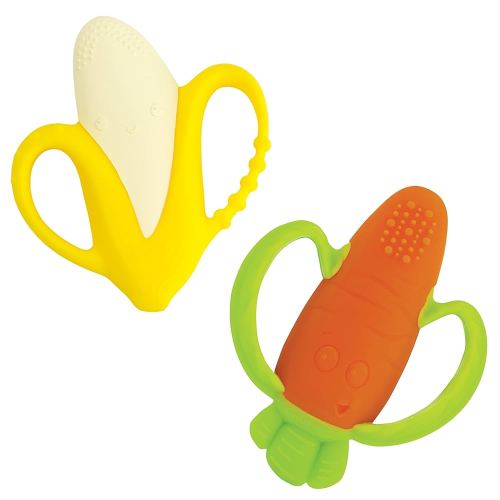 Infantino Lil’ Nibbles Vibrating Textured Silicone Teether, BPA-Free Baby Teething Toy, Soft, Easy to Hold, Sensory Stimulation for Infants, Carrot & Banana, 2-Pack Set