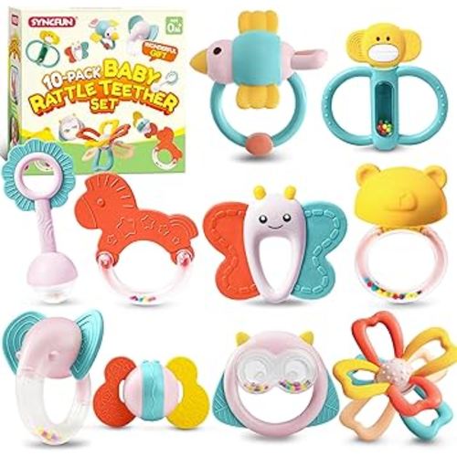 SYNCFUN Baby Toys 0-6 Months, 10 Pack Baby Teething Toys, Infant Baby Toys 6-12 Months, Rattles Teethers Toys for Baby 0-3-6-12 Months, Newborn Baby Boy Girl Gifts