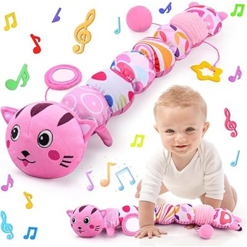 Infant Baby Toys 0 to 12 Months, Stuffed Animal Tummy Time Toys Sensory Toys with Crinkle Rattles Textures and Mirror Gifts for Newborn Boys Girls, Cat Caterpillar Musical Toys (Pink)