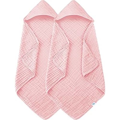 SWEET DOLPHIN Muslin Hooded Baby Bath Towels - 2 Pack 100% Cotton Towel for Babies, Infants, Toddlers - 32x32Inch - Highly Absorbent and Newborn Essential, Pink