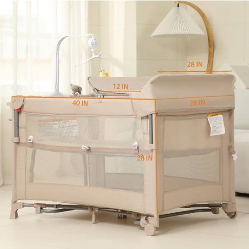 5 in 1 Pack and Play, Baby Bassinet Bedside Sleeper, Baby Playard, Bedside Crib with Changing Table, Foldable Travel Playard for Newborn to Toddles (Beige)