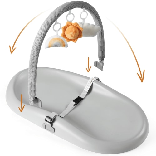 Wipe-Clean Baby Changing Pad, Waterproof Durable PU Pad, Soft & Non-Slip Safety Belt & Hanging Toys, Easy to Adjust & Removable Bar, Gray