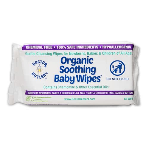 Doctor Butler's Organic Baby Wipes - Hypoallergenic & Unscented Baby Wipes, Safe for Baby Sensitive Skin Care, Made with Chamomile & Essential Oils (1pk – 60 Wipes)
