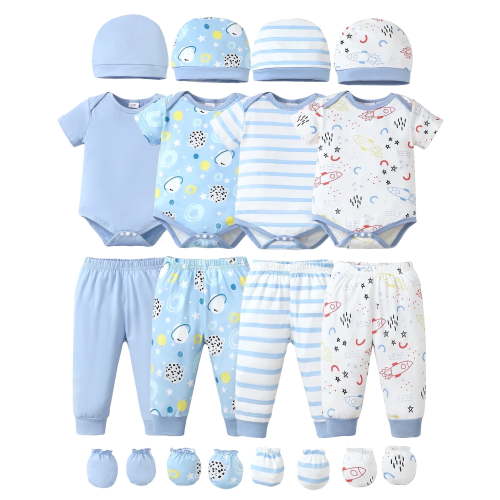 KIMI BEAR Newborn Baby Boys Outfits Sets 4 Packs 0-3 Months Summer Clothes Sets Short Sleeves Romper Top Elastic Pants with Hats and Gloves 16pcs Layette Essentials Blue