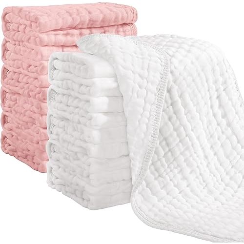 Looxii Muslin Burp Cloths 100% Cotton Muslin Cloths 12 Pack Large 20''x10'' Extra Soft and Absorbent Baby Burping Cloth for Boys and Girls (White+Pink)