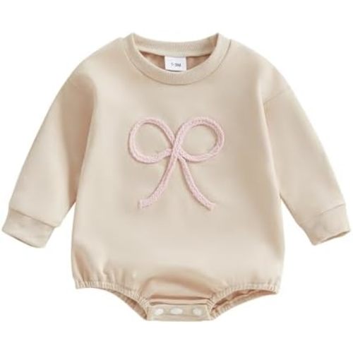 Newborn Infant Baby Girl Fall Clothes Bow Emboridery Sweatshirt Bubble Romper Oversized Long Sleeve One-Piece Outfit