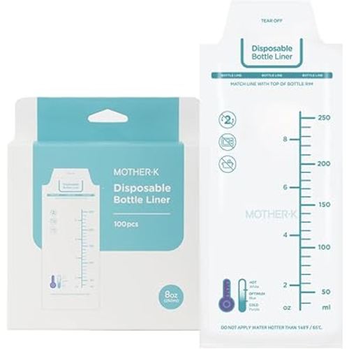 MOTHER-K Disposable Baby Bottle Drop In Liners, Anti-Colic, Compatible with most bottles, Baby Travel essentials, BPA Free (8oz, 100pcs)