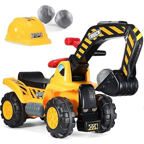 Play22 Toy Tractors for Kids Ride On Excavator - Music Sounds Digger Scooter Bulldozer Includes Helmet with Rocks - Pretend Play - Toddler Construction Truck