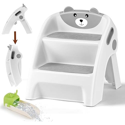 Toddler Step Stool,Two Step Stool for Potty Training,Non-Slip Step Stool for Toddlers,Plastic Kids Step Stool for Bathroom Sink,Foldable Step Stool for Kids, Stepping Stool with Handle Grey