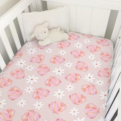 Boho Beach Seashells Floral Baby Crib Sheets for Girls Pink Conch Flowers Soft Snug Fitted Crib Mattress Covers for 52''x28'' Standard Crib & Toddler Mattress Girly Summer Nursery Bed Sheets
