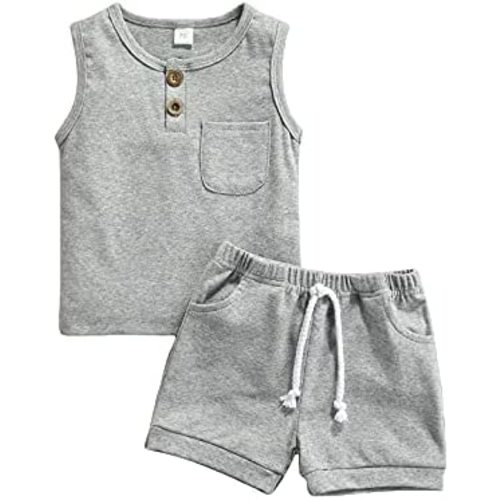 Summer Toddler Baby Boy Girl Clothes Set Unisex Waffle Outfits Solid Short Sleeve Pocket Tops Shorts 2PCS