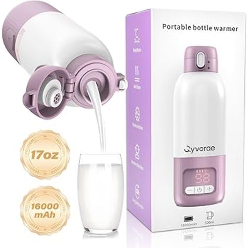 Portable Bottle Warmer for Travel, 17 oz Large Capacity & 16000mAh Extended Battery Life, 8 Temp Contorl, Breastmilk/Formula/Water/Milk 2Min Fast Warmer Heating, Ideal for Travel, Outdoor