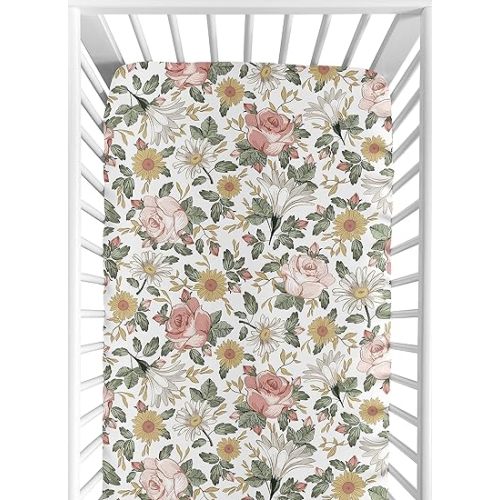 Sweet Jojo Designs Vintage Floral Boho Girl Fitted Crib Sheet Baby or Toddler Bed Nursery - Blush Pink, Yellow, Green and White Shabby Chic Rose Flower Farmhouse