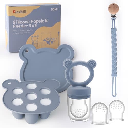 Freshill Breastmilk Popsicle Molds for Teething, Baby Food Silicone Freezer Tray & Infant Fruit Feeder, Teething Popsicle for Baby with Silicone Pacifier Clip, Dishwasher Safe BPA Free