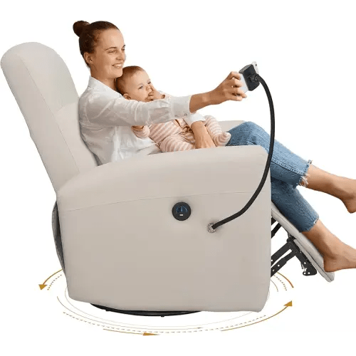Power Swivel Glider Chair Nursery, Swivel Rocker Recliner with USB Ports, Rocking Chair with Microfiber Leather, Waterproof, Living Room, Nursery - Beige