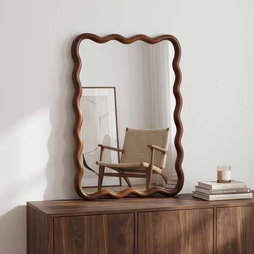 Dark Walnut Finish Wavy Mirror: 20x30 Solid Wood Framed Wall Decor