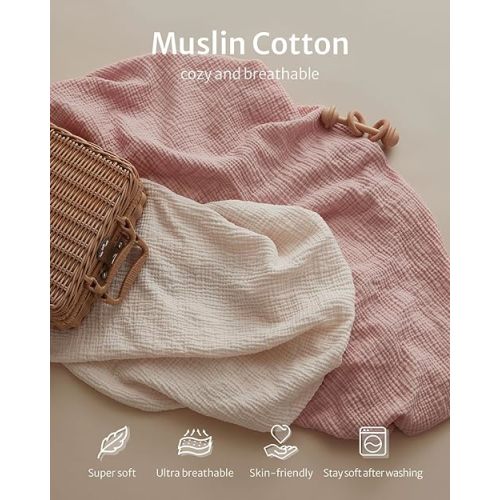 Blissful Diary Muslin Crib Sheets for Girl Boy, Boho Neutral Soft Cotton Baby Sheet for 52''x28'' Standard Crib Mattress, 2 Pack(Cream&Pink)