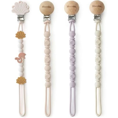 Moonkie Silicone Pacifier Clips for Baby – Durable One-Piece Binky Holder, Mixed Styles Paci Clips, Baby Essentials for Newborn Boys & Girls - 4 Pack (Sunset Shore)