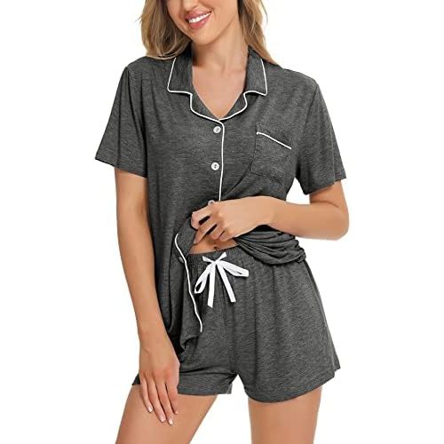 SWOMOG Womens Button Down Pajamas Set Short Sleeve Sleepwear Bride Soft Pj Lounge Sets XS-3XL