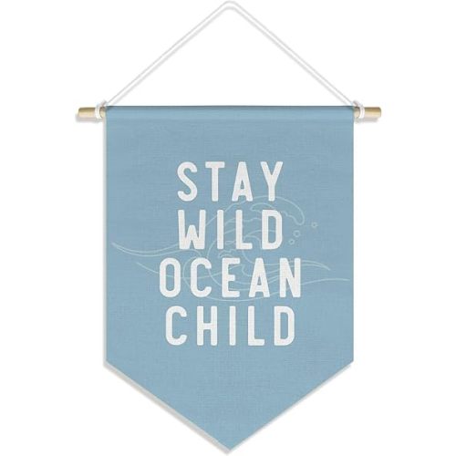 Ocean Nursery Decor, Stay Wild Ocean Child Wall Hanging Canvas Banner, Baby Blue Nautical Nursery Hanging Pennant Flag Posters Prints for Baby Boy Girl Toddler Kids Room Playroom Decor, 15x11in