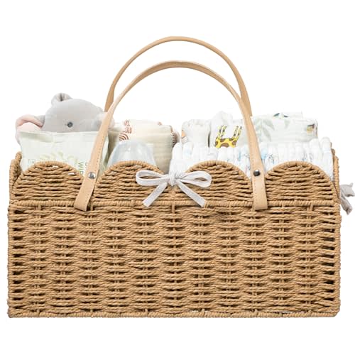 HBlife Large Baby Diaper Caddy, Paper Rope Scalloped Storage Baskets Nursery Bin with Removable Divider, Portable Car Organizer for Diapers, Baby Shower Gifts, Newborn Essentials Must Haves, Brown