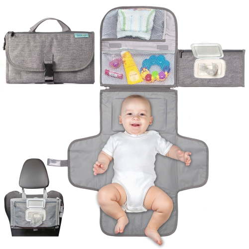 Kopi Baby Portable Diaper Changing Pad Travel Bag, Waterproof Foldable Changing Mat with Wipes Pocket, Detachable Storage, Grey, Classic