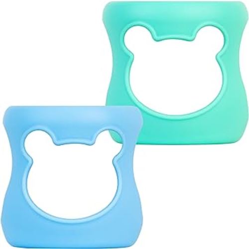 100% Silicone Baby Bottle Sleeves for Philips Avent Natural Glass Baby Bottles, Premium Food Grade Silicone Bottle Cover, Cute Bear Design, 4oz, Pack of 2 (Blue/Turquoise)