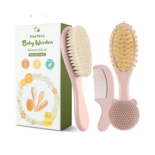 Yoofoss 4 Piece Baby Hair Brush and Comb Set，Wooden Baby Hair Brush with Natural Ultra Soft Goat Hair, Baby Comb Set for Boy, Girl - Pink